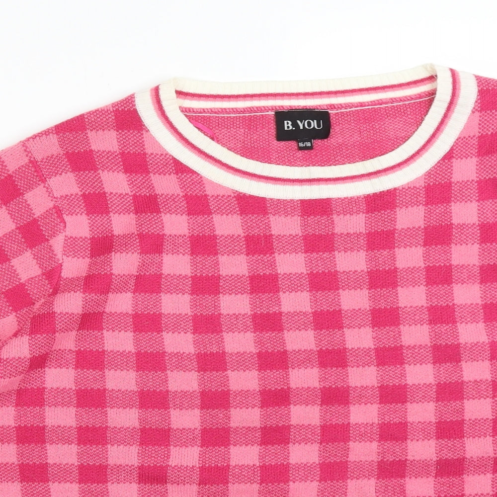 BE YOU Womens Pink Check Acrylic Basic T-Shirt Size 18 Crew Neck