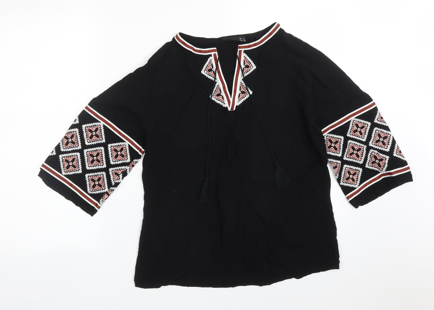 ESMARA Womens Black Argyle/Diamond Viscose Basic T-Shirt Size 12 V-Neck
