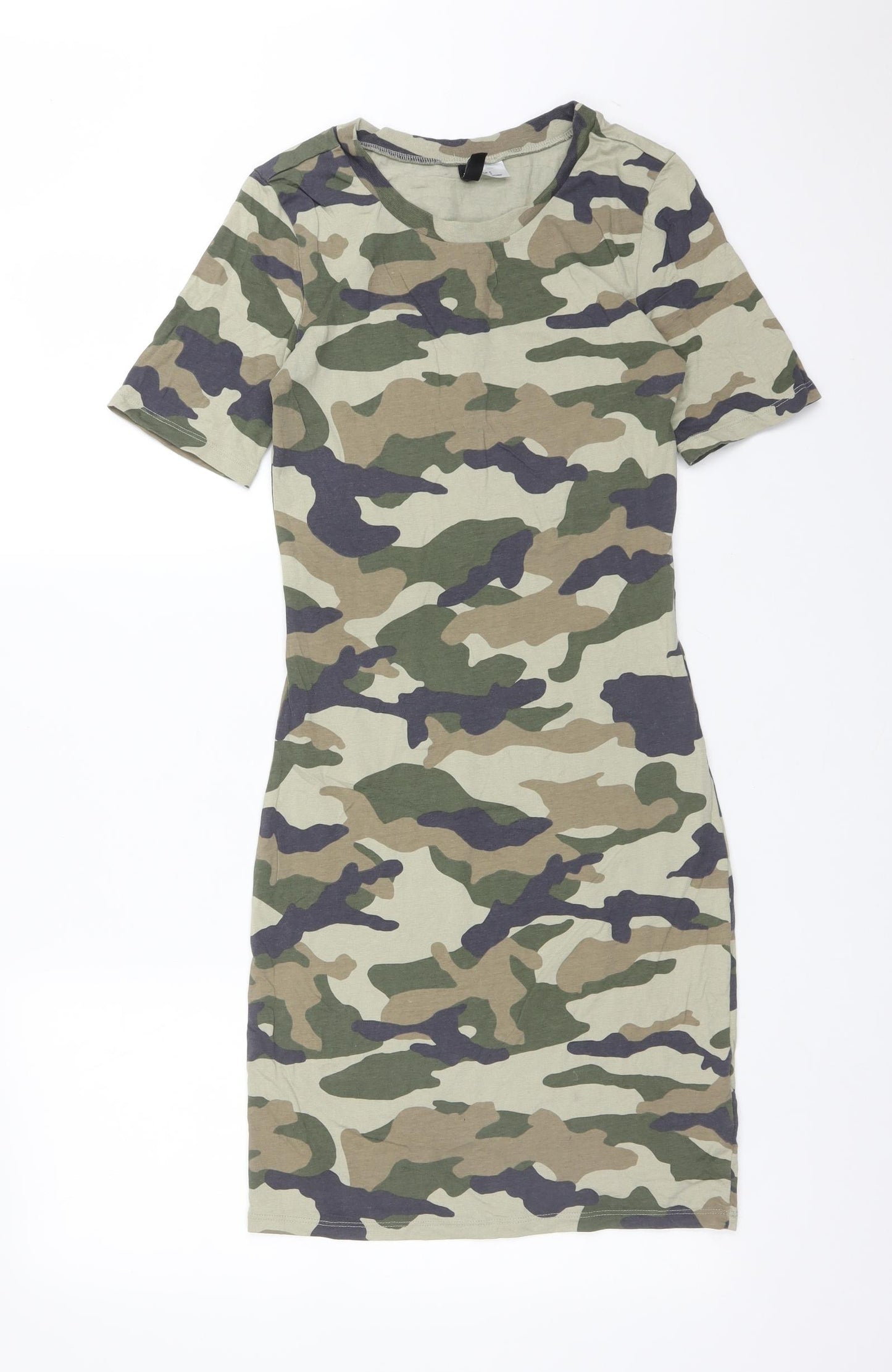 H&M Womens Green Camouflage Cotton Bodycon  Size S  Round Neck