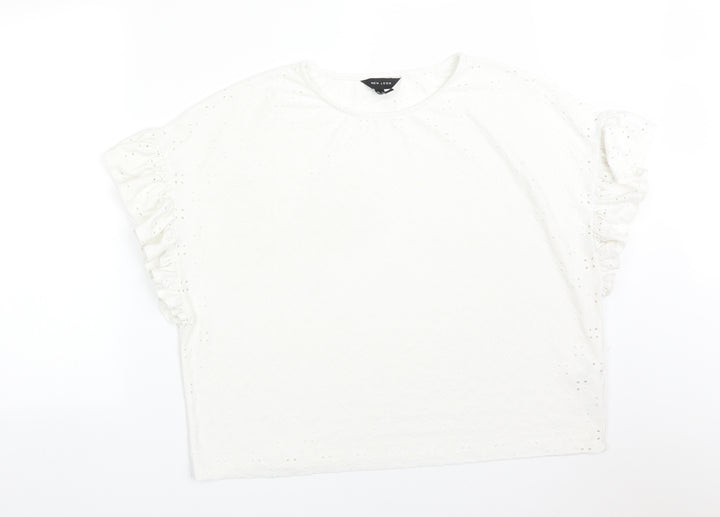 New Look Womens White Floral Polyester Basic T-Shirt Size 14 Round Neck