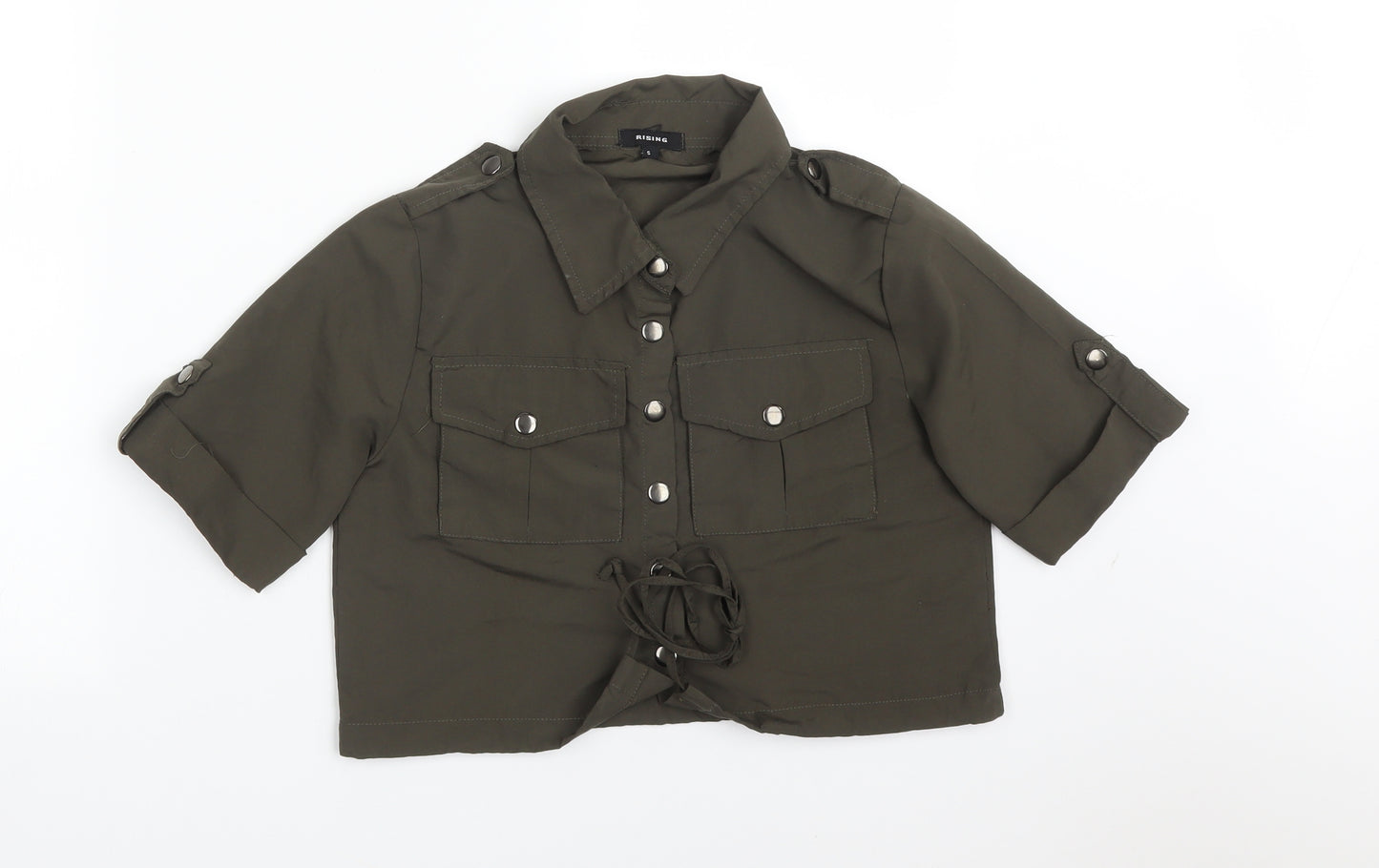 RISING Womens Green  Polyester Basic Button-Up Size S Collared