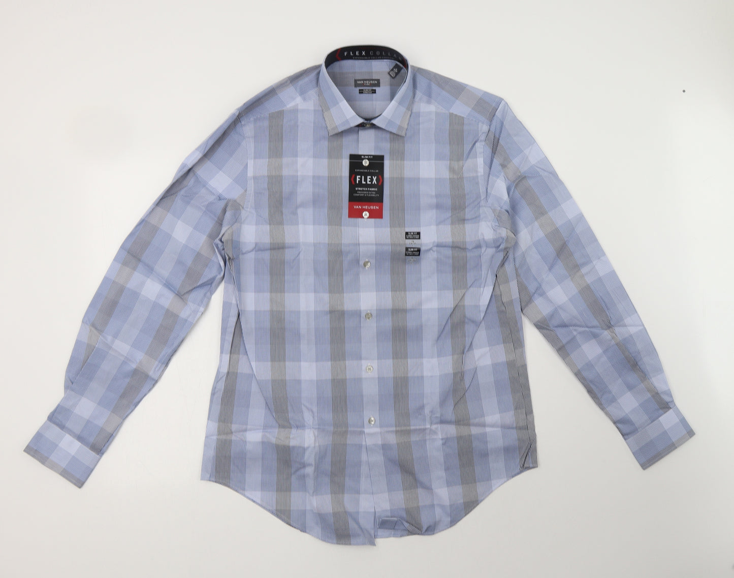 Van Heusen Mens Blue Check Cotton  Dress Shirt Size 16 Collared Button