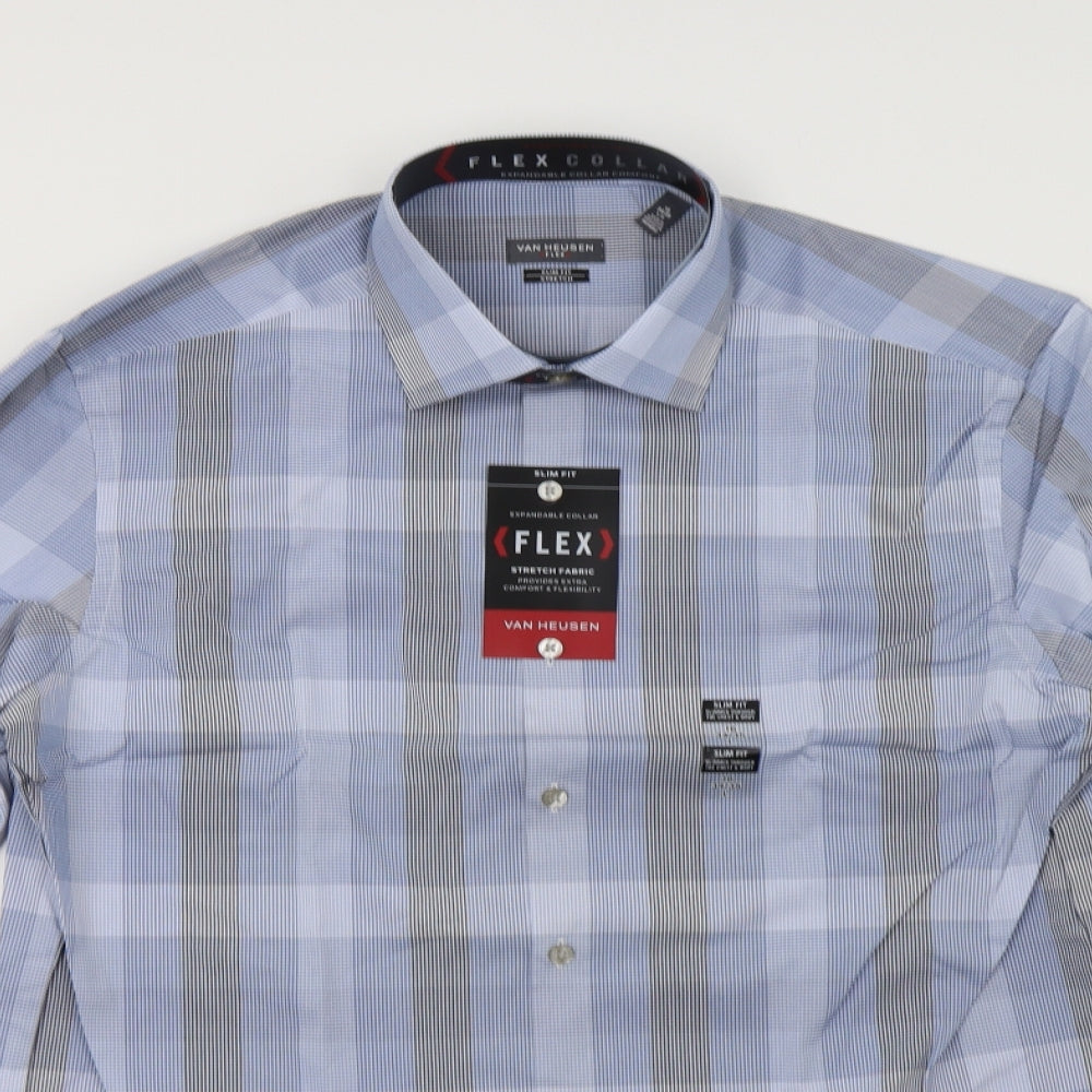 Van Heusen Mens Blue Check Cotton  Dress Shirt Size 16 Collared Button