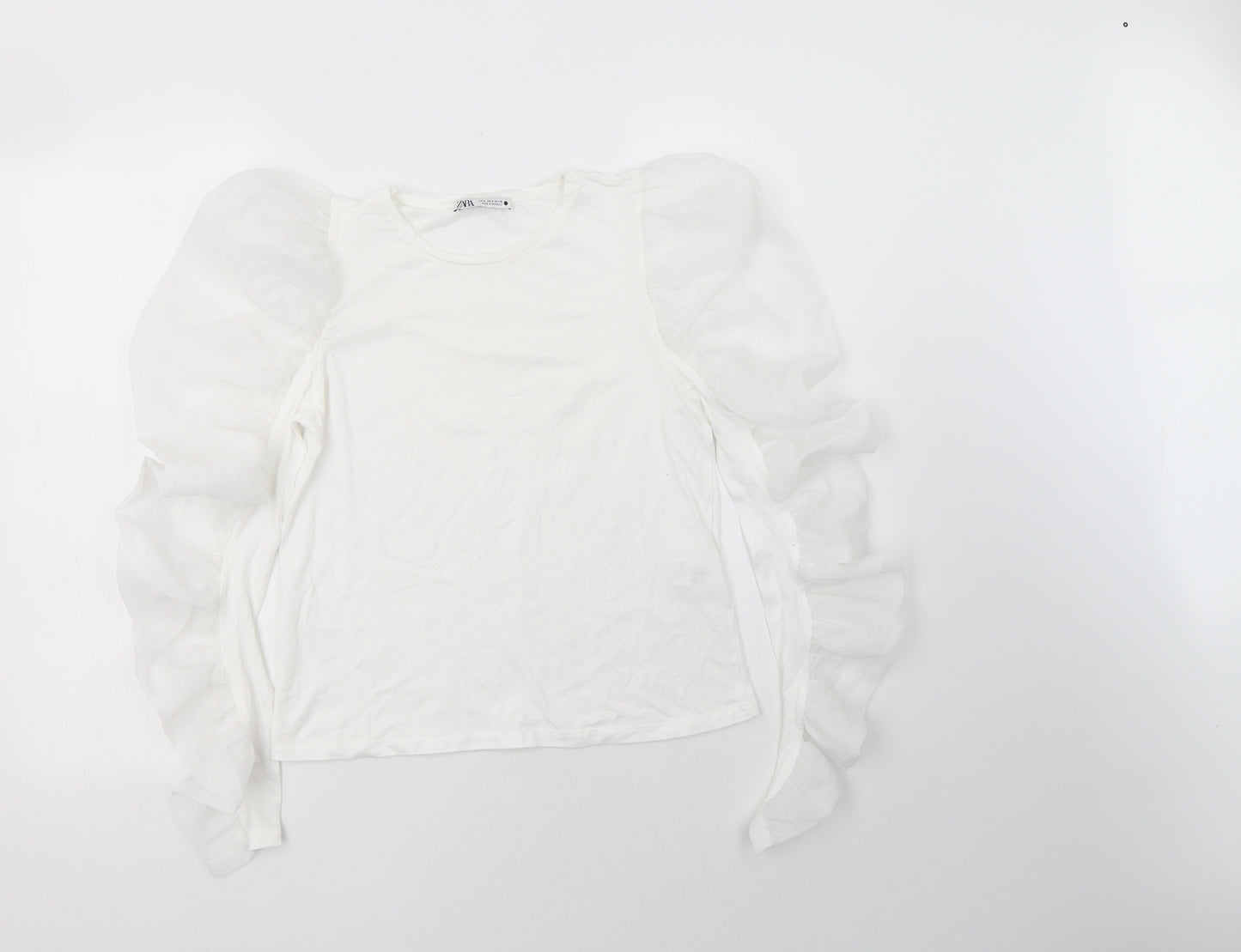 Zara Womens White  Cotton Basic Blouse Size S Crew Neck
