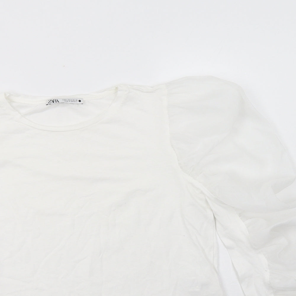 Zara Womens White  Cotton Basic Blouse Size S Crew Neck