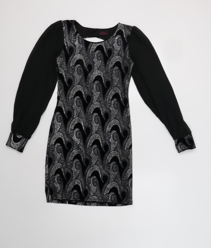 Diva Womens Black Geometric Polyester Bodycon Size 8 Round Neck