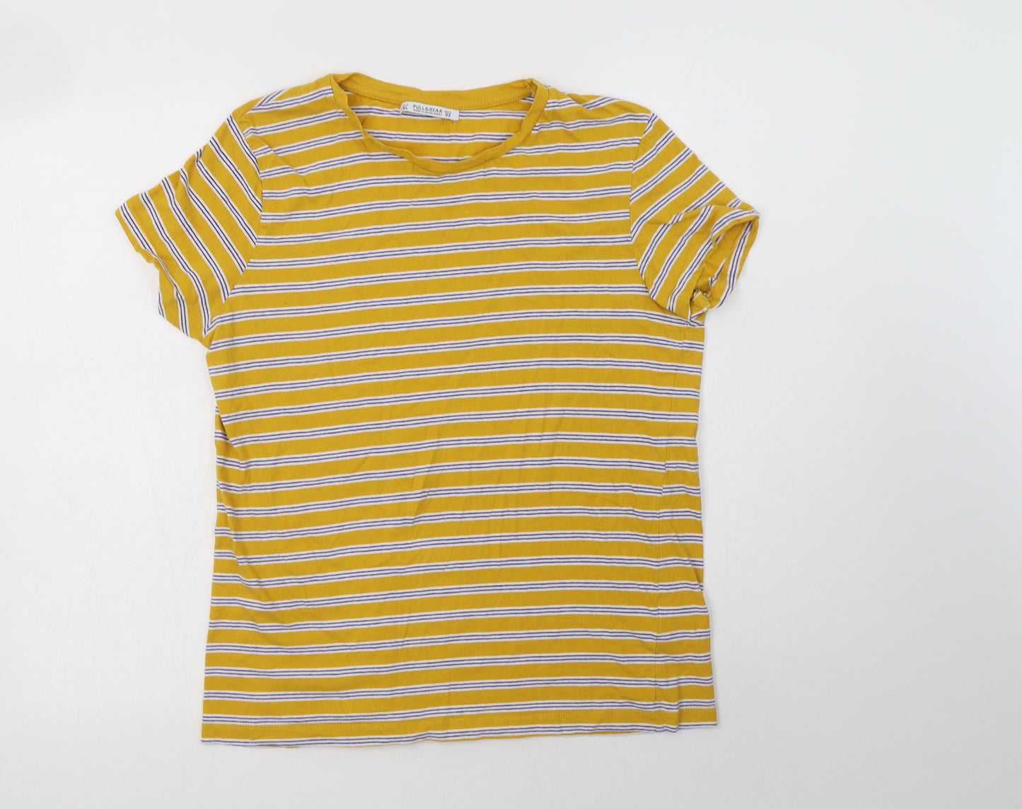 Pull & Womens Yellow Striped Cotton Basic T-Shirt Size XL Crew Neck