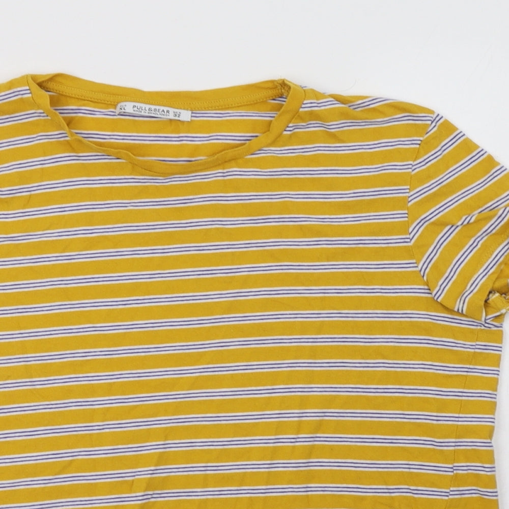 Pull & Womens Yellow Striped Cotton Basic T-Shirt Size XL Crew Neck