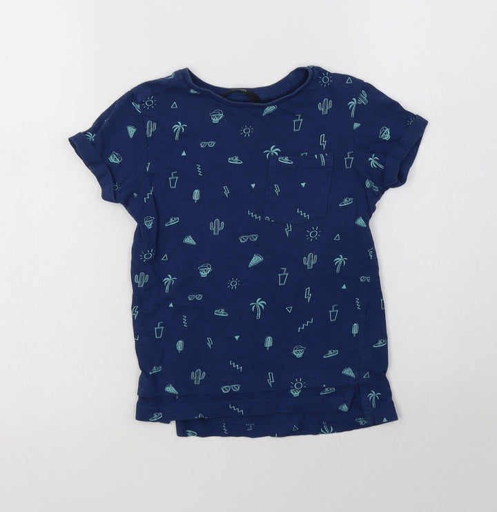 George Boys Blue Geometric Cotton Basic T-Shirt Size 4-5 Years Crew Neck