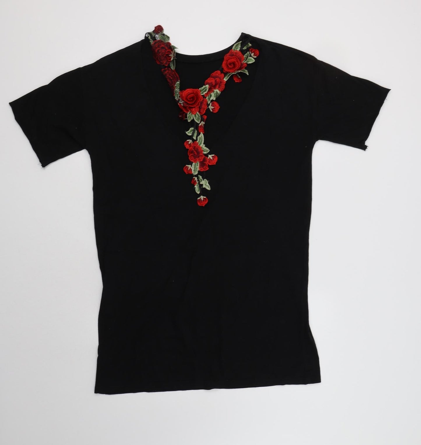 ASOS Womens Black  Cotton T-Shirt Dress  Size 10  V-Neck  - Flower Detail