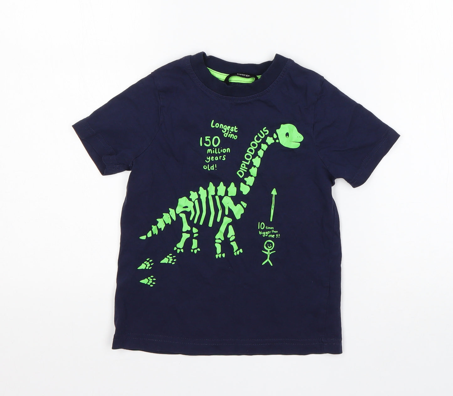 George Boys Blue  Cotton Basic T-Shirt Size 3-4 Years Round Neck  - Dinosaur print