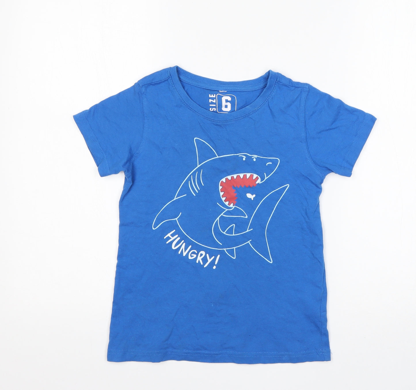 Preworn Boys Blue Animal Print Cotton Basic T-Shirt Size 6 Years Roll Neck  - Shark