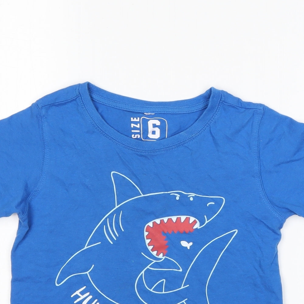 Preworn Boys Blue Animal Print Cotton Basic T-Shirt Size 6 Years Roll Neck  - Shark
