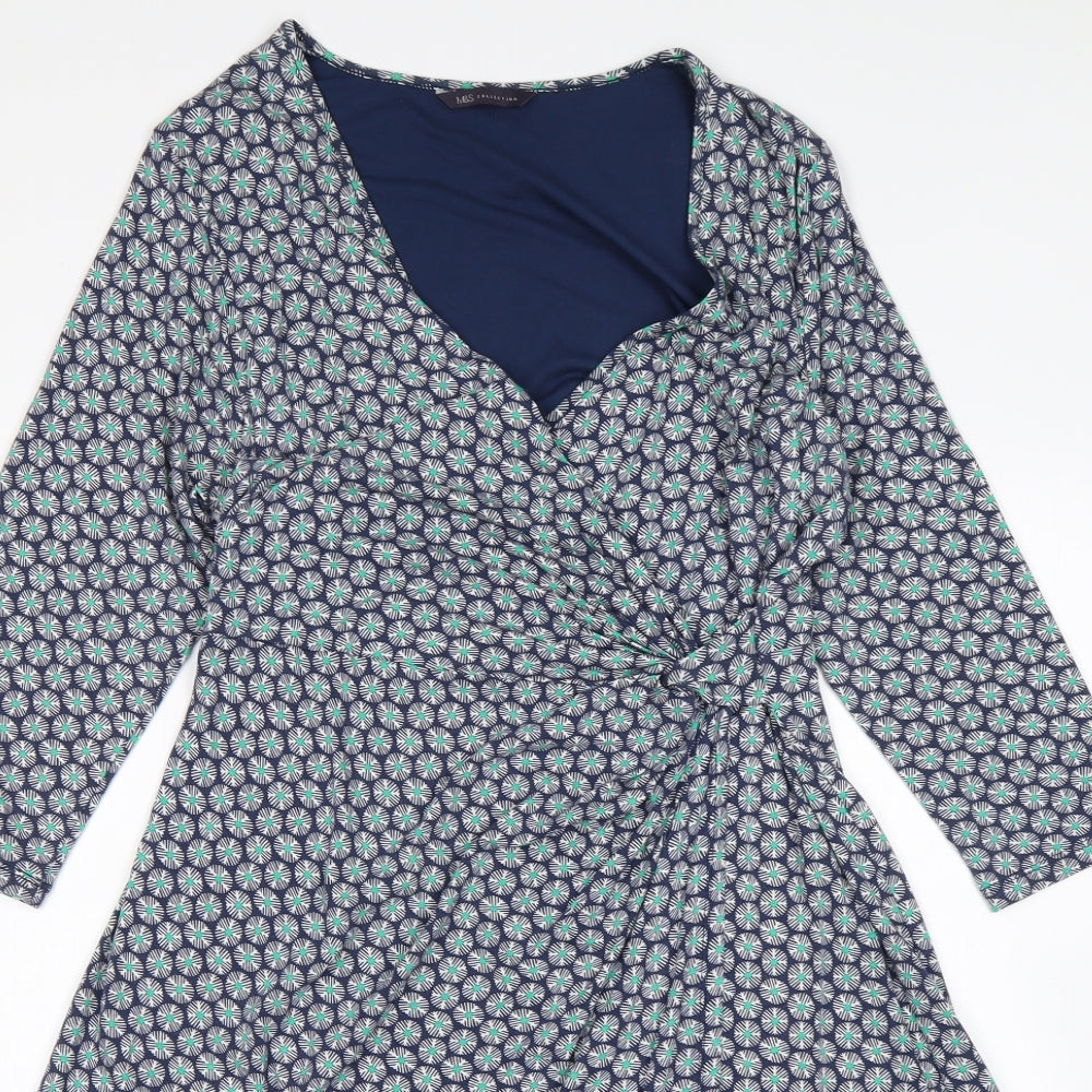 M&S Womens Multicoloured Geometric Viscose A-Line  Size 14  V-Neck