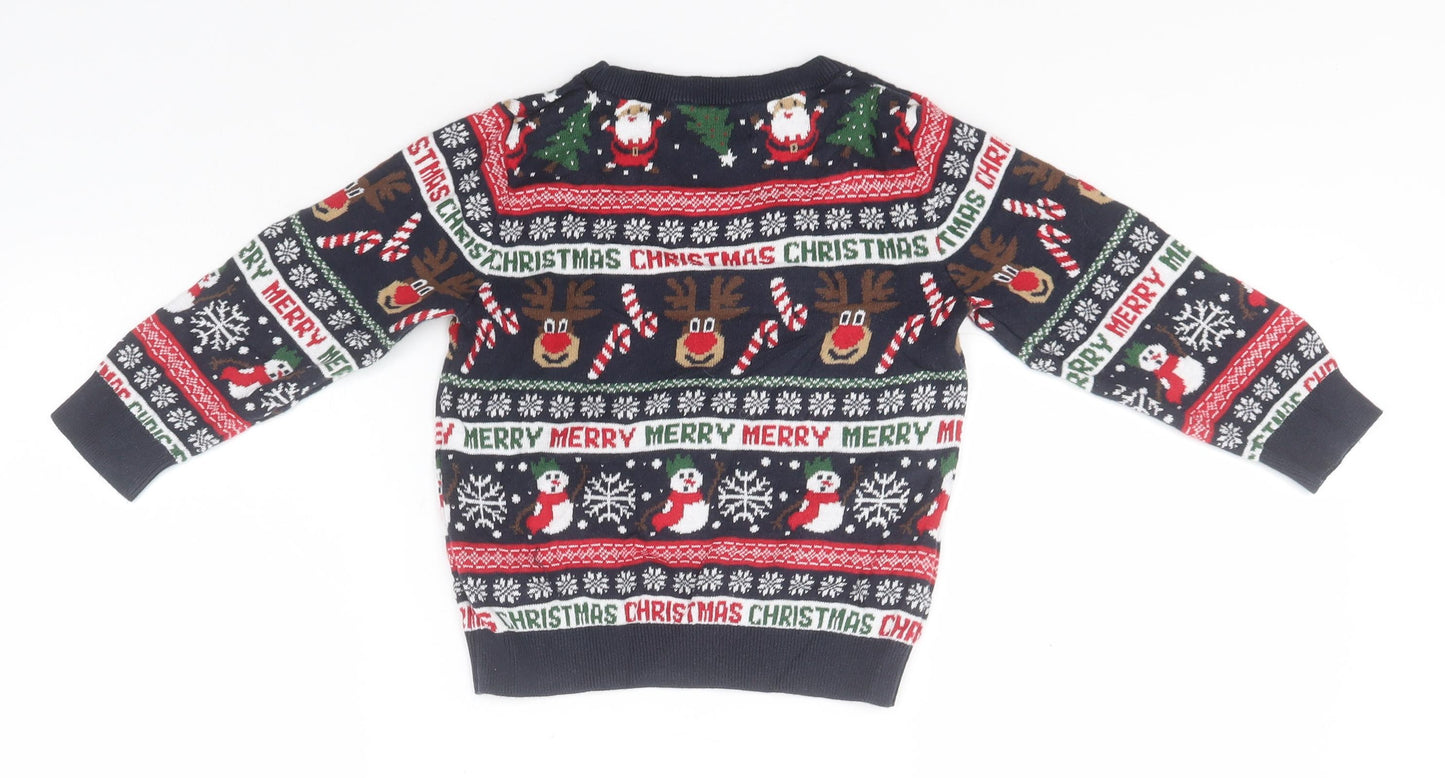 NEXT Boys Blue Round Neck Fair Isle Cotton Pullover Jumper Size 2-3 Years   - Christams
