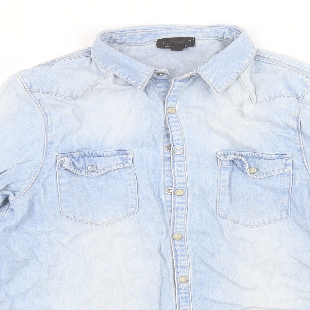 Topshop Womens Blue  Cotton Basic Button-Up Size 10 Collared
