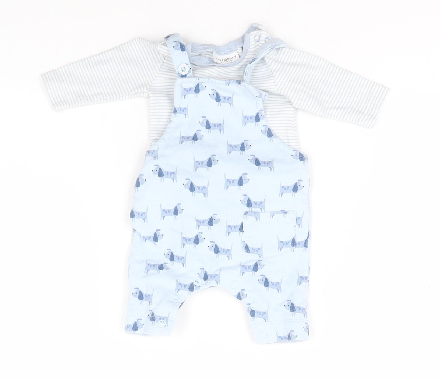 NEXT Baby Blue  Cotton Dungaree Outfit/Set Size Newborn   - Dogs