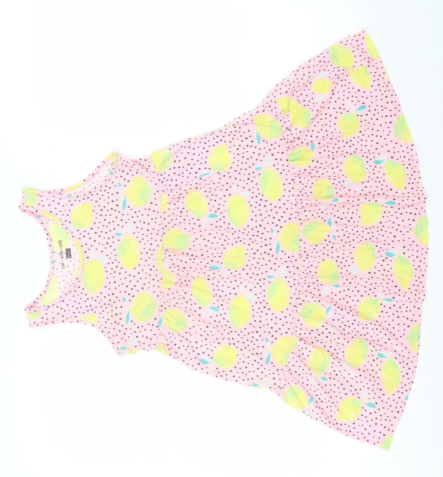 F&F Girls Pink Spotted Polyester A-Line  Size 9-10 Years  Round Neck  - Lemons