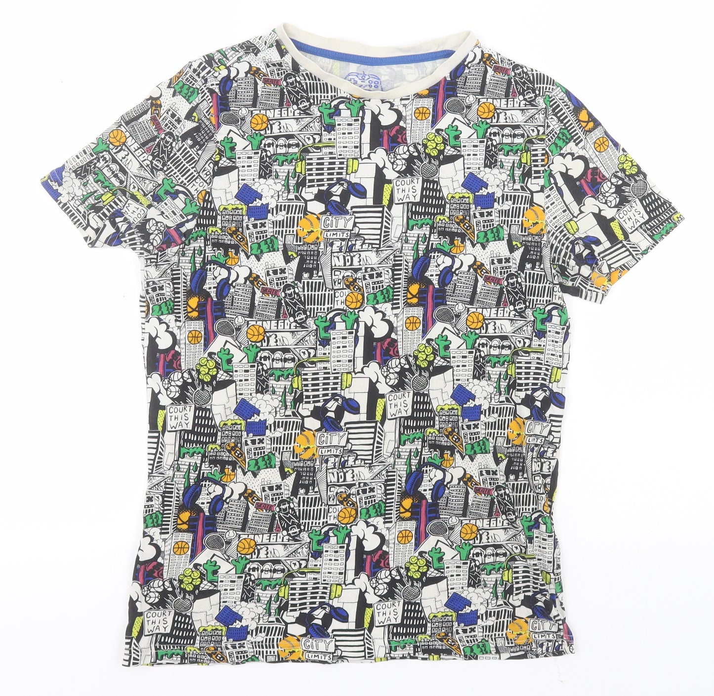 F&F Girls White Geometric Cotton Basic T-Shirt Size 12-13 Years Round Neck