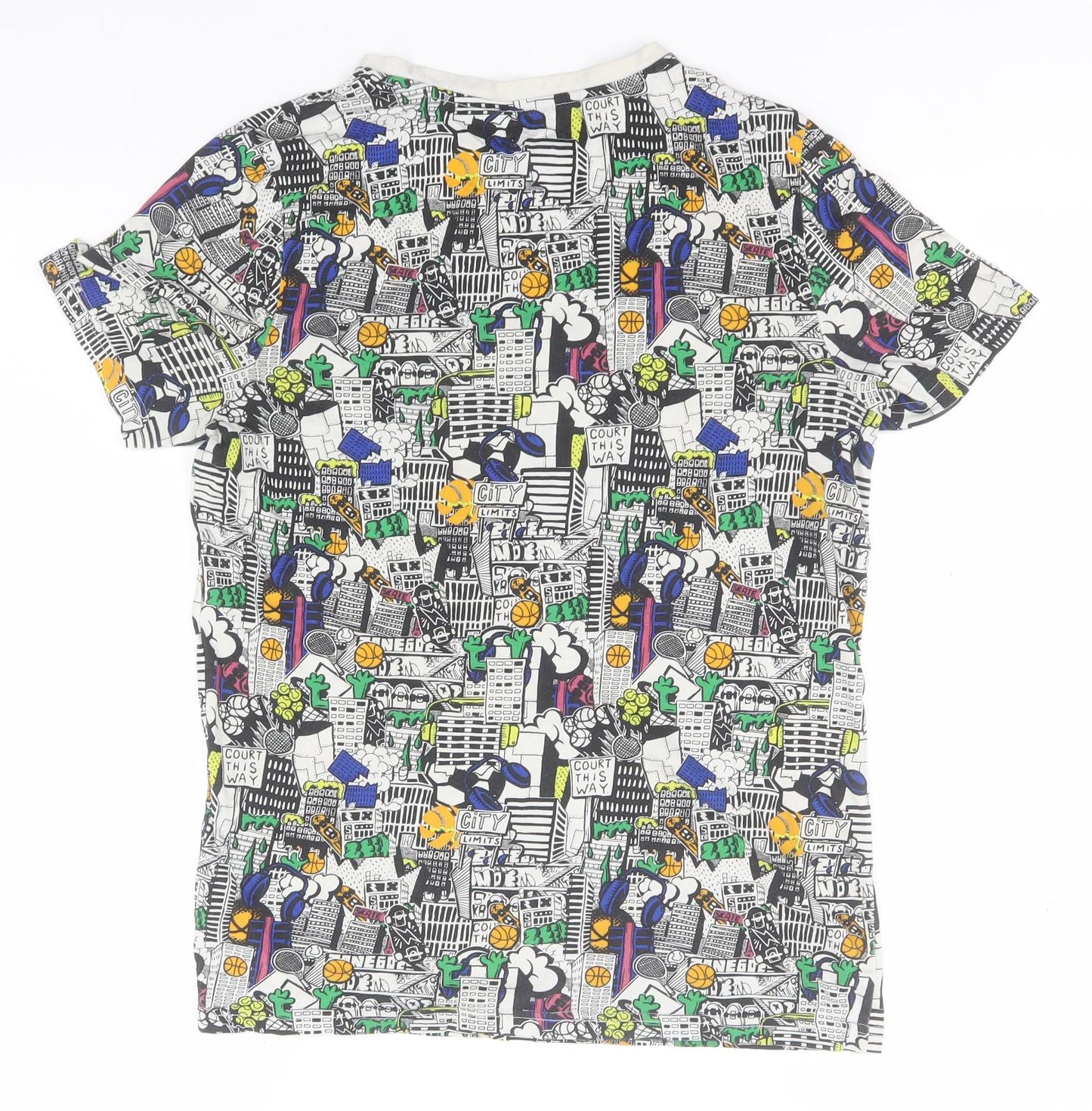 F&F Girls White Geometric Cotton Basic T-Shirt Size 12-13 Years Round Neck