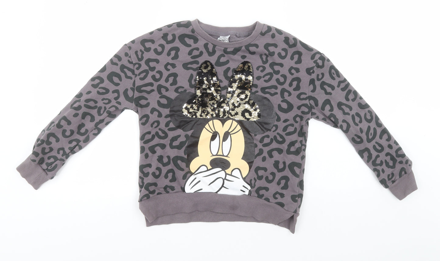 Disney Girls Grey Round Neck Animal Print Cotton Pullover Jumper Size 9 Years   - Minnie Mouse