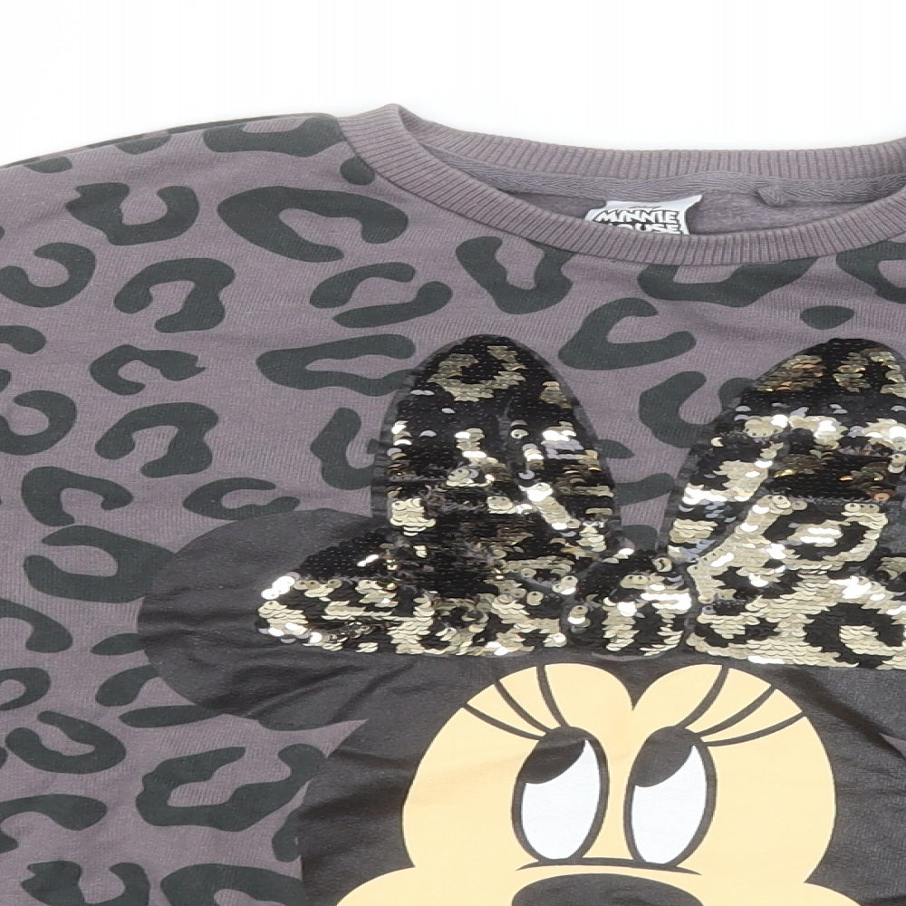 Disney Girls Grey Round Neck Animal Print Cotton Pullover Jumper Size 9 Years   - Minnie Mouse