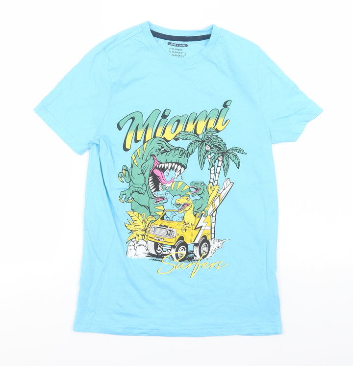 F&F Boys Blue Cotton Basic T-Shirt Size 10-11 Years Round Neck - Miami, Dinosaurs