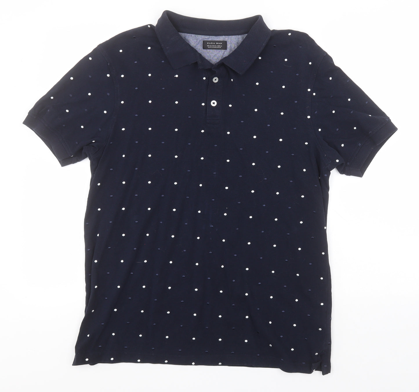 Zara Mens Blue Polka Dot Cotton  Polo Size XL Collared