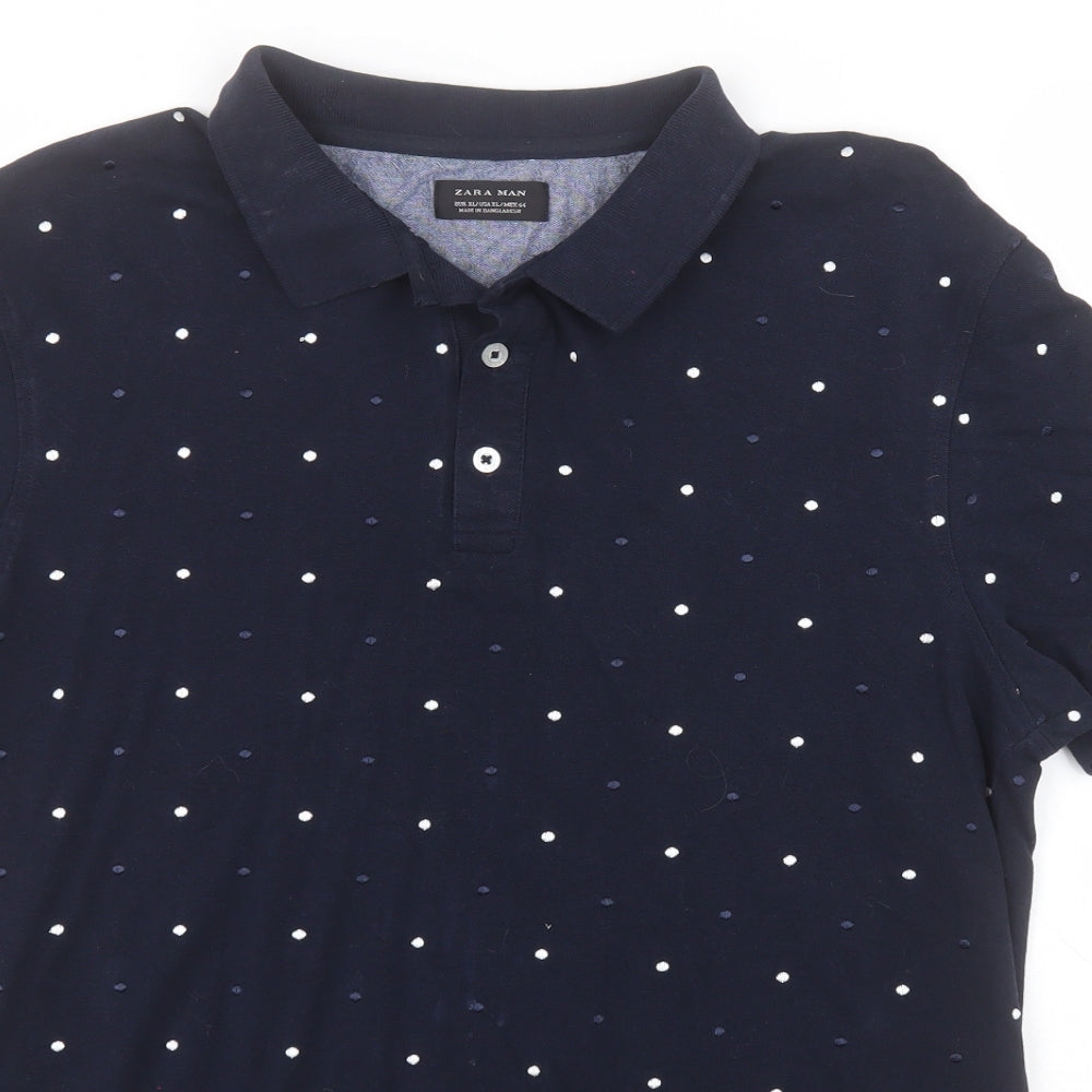 Zara Mens Blue Polka Dot Cotton  Polo Size XL Collared