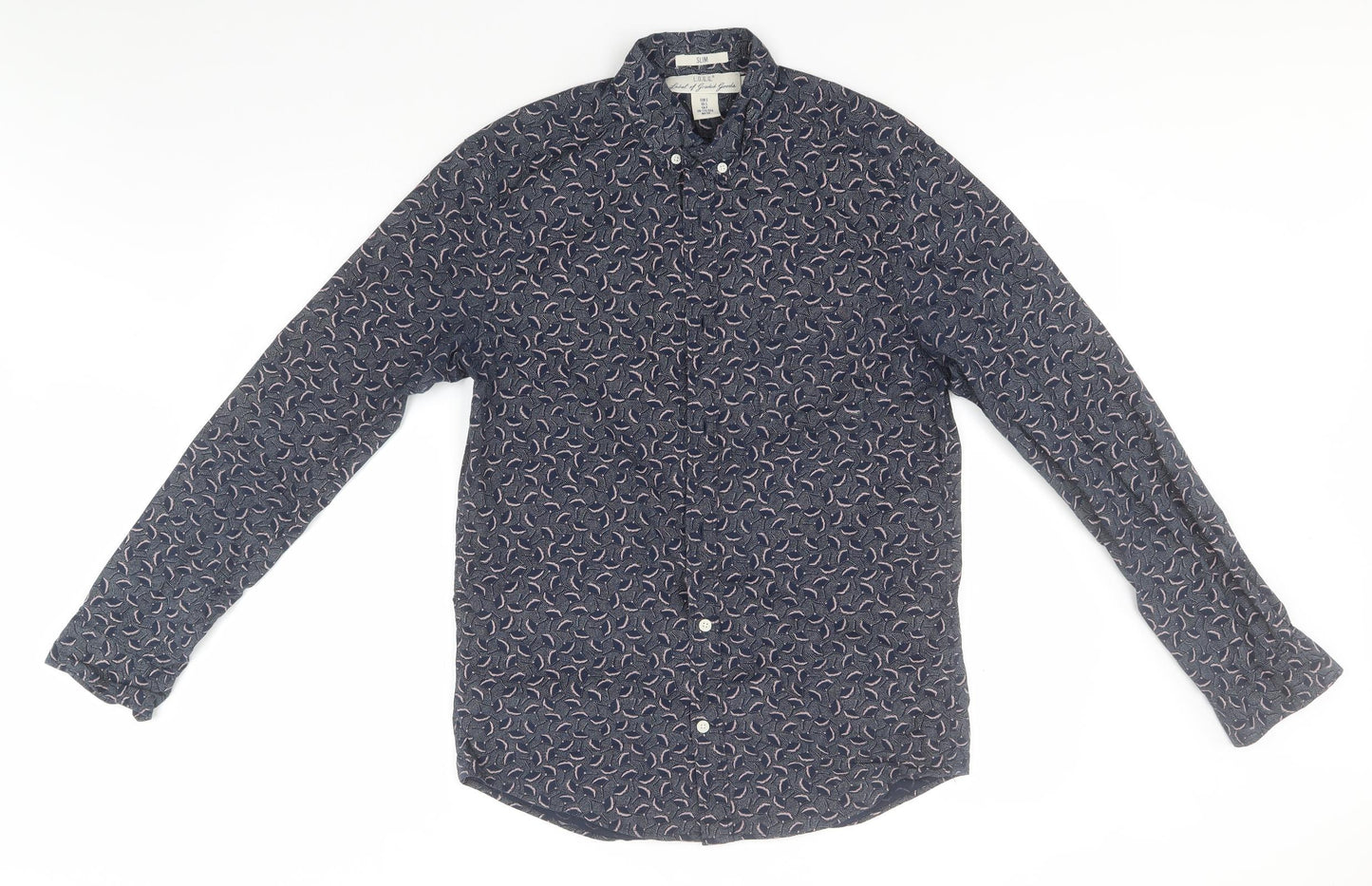 H&M Mens Blue Floral Cotton  Button-Up Size S Collared
