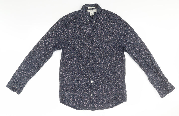 H&M Mens Blue Floral Cotton  Button-Up Size S Collared