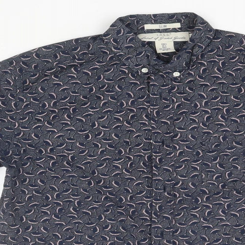 H&M Mens Blue Floral Cotton  Button-Up Size S Collared