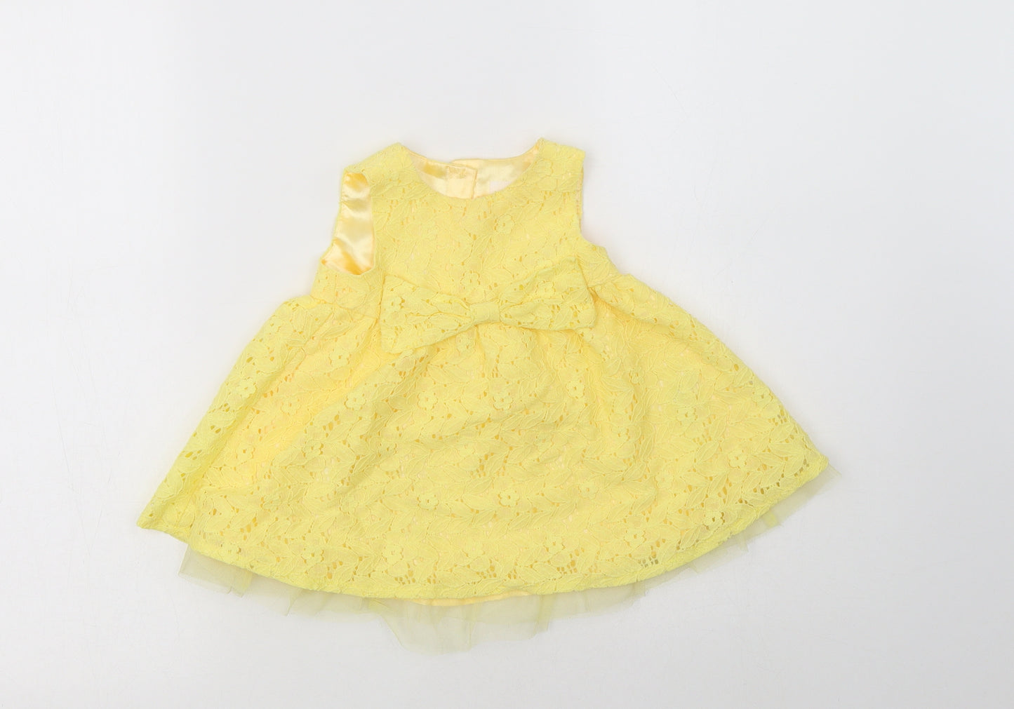 F&F Baby Yellow Floral Cotton A-Line  Size 3-6 Months  Round Neck Button - Lace Overlay