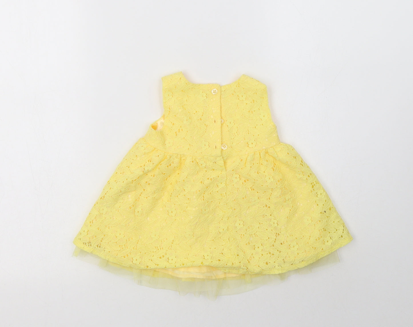 F&F Baby Yellow Floral Cotton A-Line  Size 3-6 Months  Round Neck Button - Lace Overlay