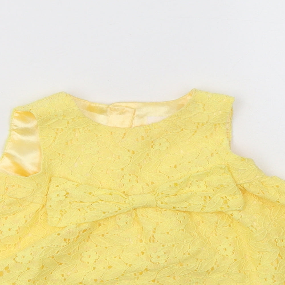 F&F Baby Yellow Floral Cotton A-Line  Size 3-6 Months  Round Neck Button - Lace Overlay