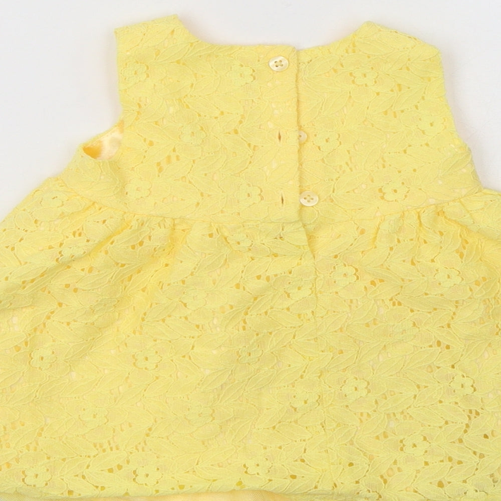 F&F Baby Yellow Floral Cotton A-Line  Size 3-6 Months  Round Neck Button - Lace Overlay