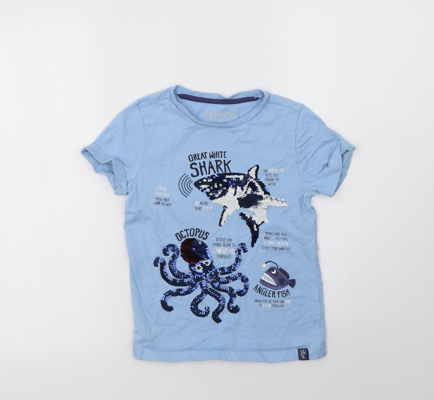 Nutmeg Girls Blue  Cotton Basic T-Shirt Size 6-7 Years Crew Neck  - Sea Creatures