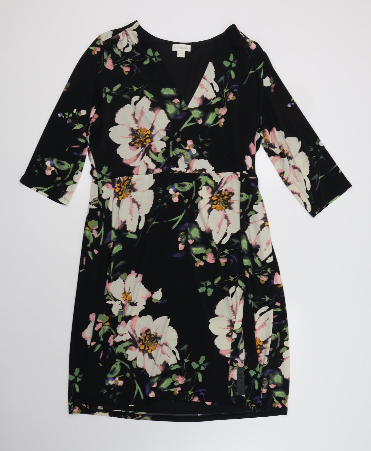 Monsoon Womens Black Floral Polyester A-Line  Size 20  V-Neck
