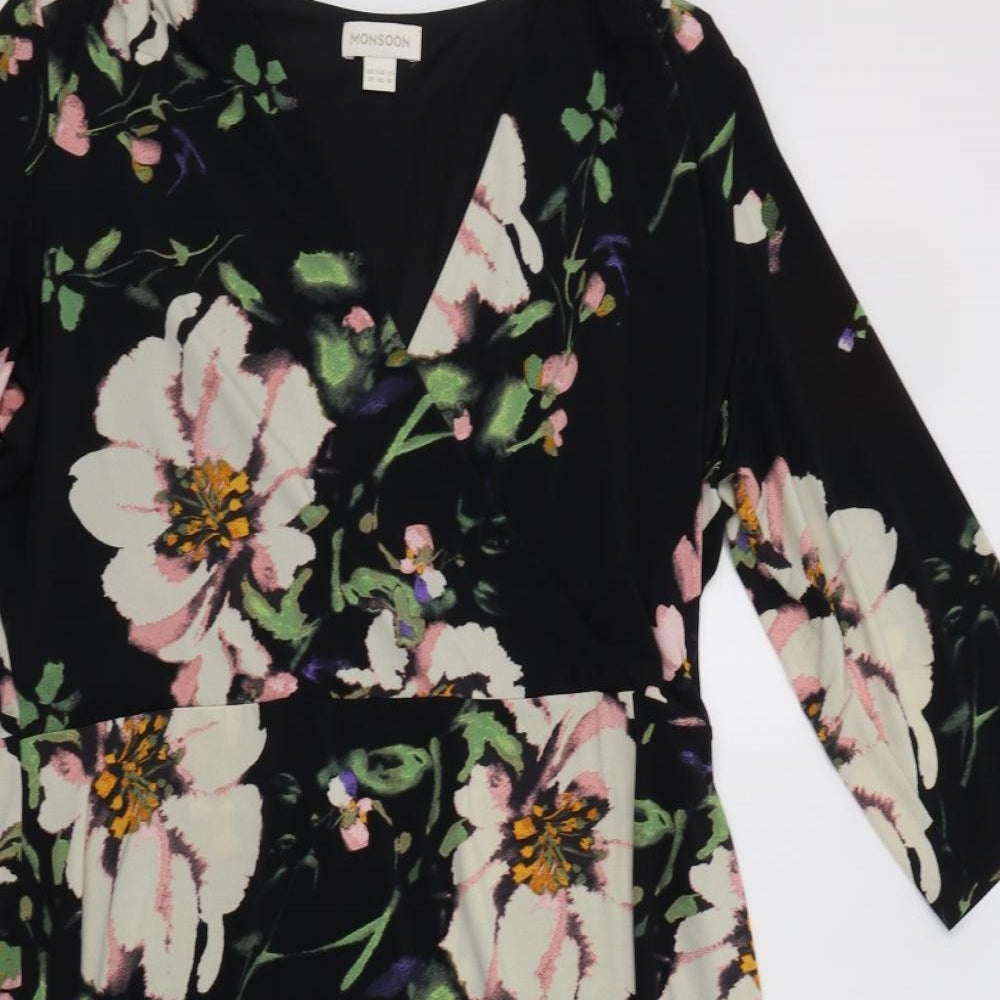 Monsoon Womens Black Floral Polyester A-Line  Size 20  V-Neck