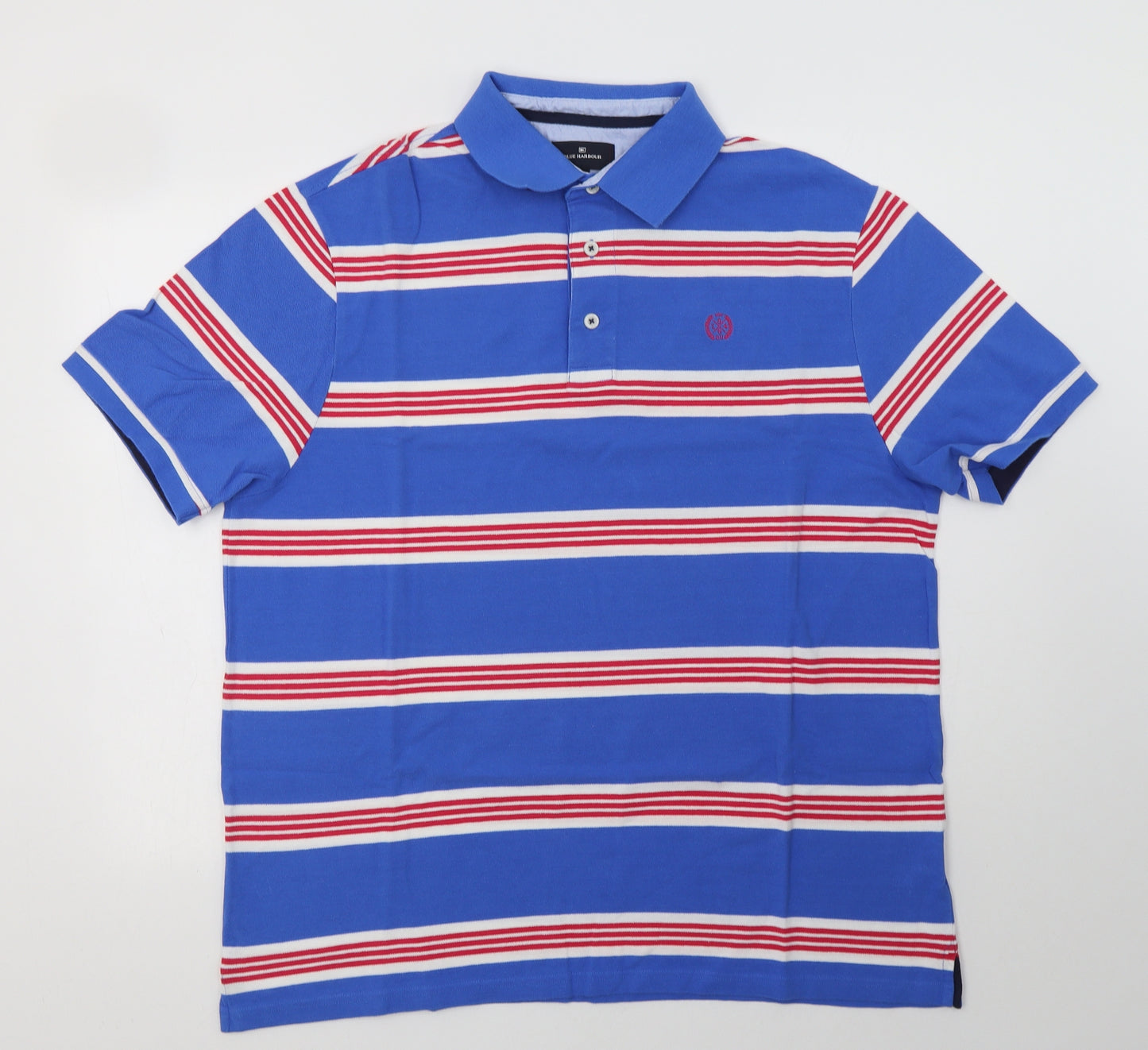 M&S Mens Blue Striped Cotton  Polo Size XL Collared Button