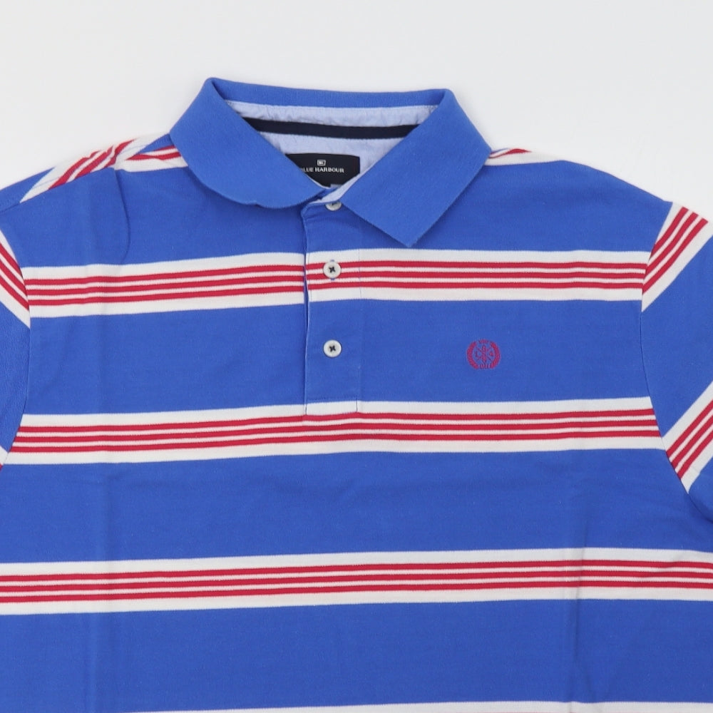 M&S Mens Blue Striped Cotton  Polo Size XL Collared Button