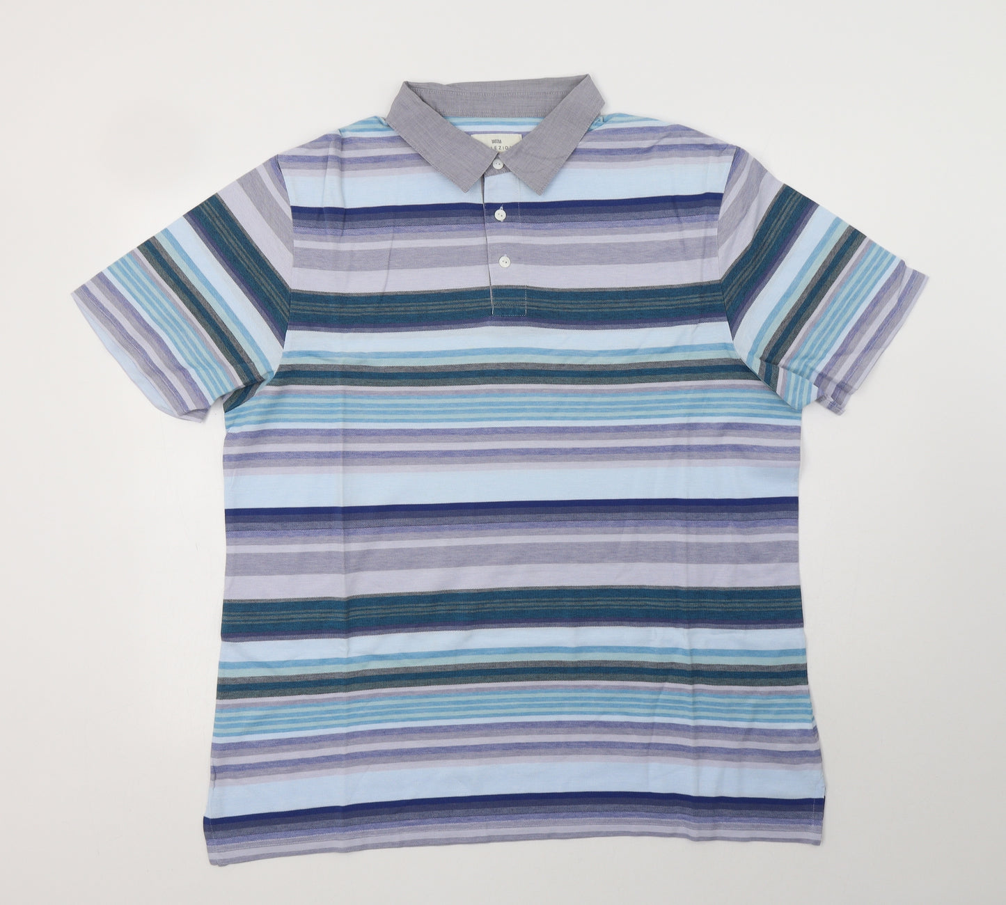 M&S Mens Blue Striped Cotton  Polo Size L Collared Button
