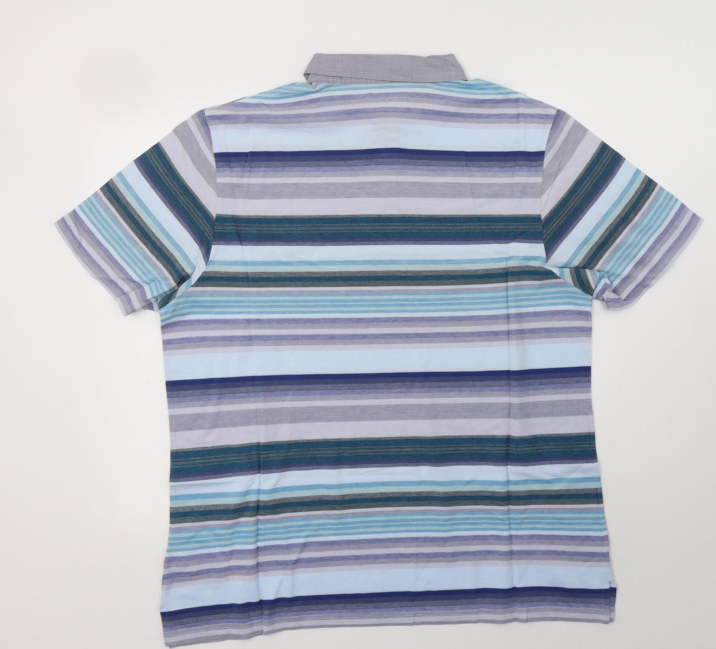 M&S Mens Blue Striped Cotton  Polo Size L Collared Button