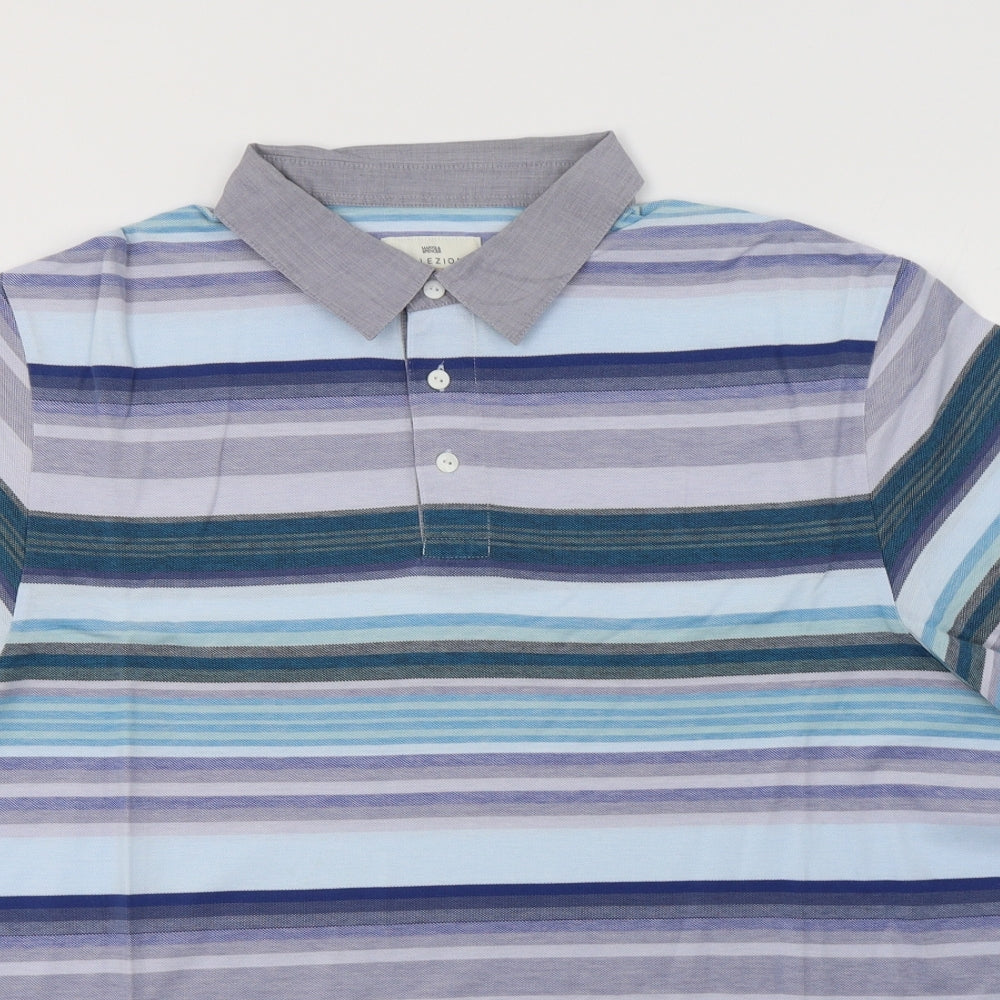 M&S Mens Blue Striped Cotton  Polo Size L Collared Button
