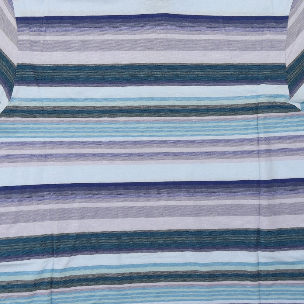 M&S Mens Blue Striped Cotton  Polo Size L Collared Button