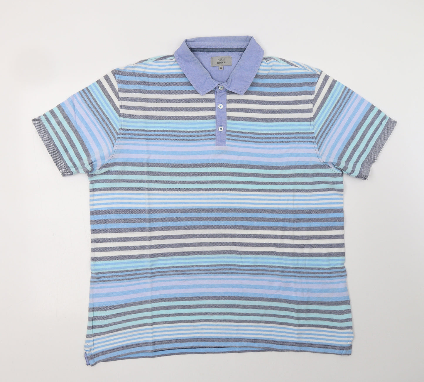 M&S Mens Blue Striped Cotton  Polo Size XL Collared Button