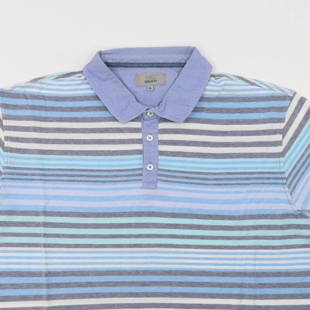 M&S Mens Blue Striped Cotton  Polo Size XL Collared Button