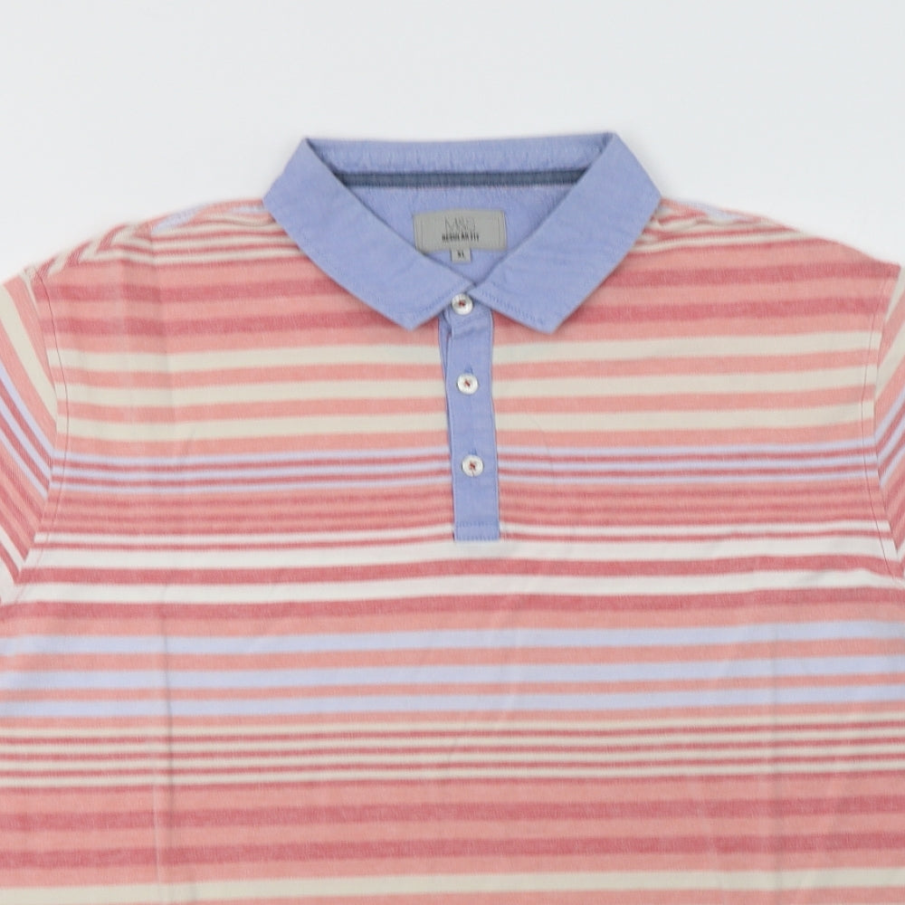 M&S Mens Pink Striped Cotton  Polo Size XL Collared Button