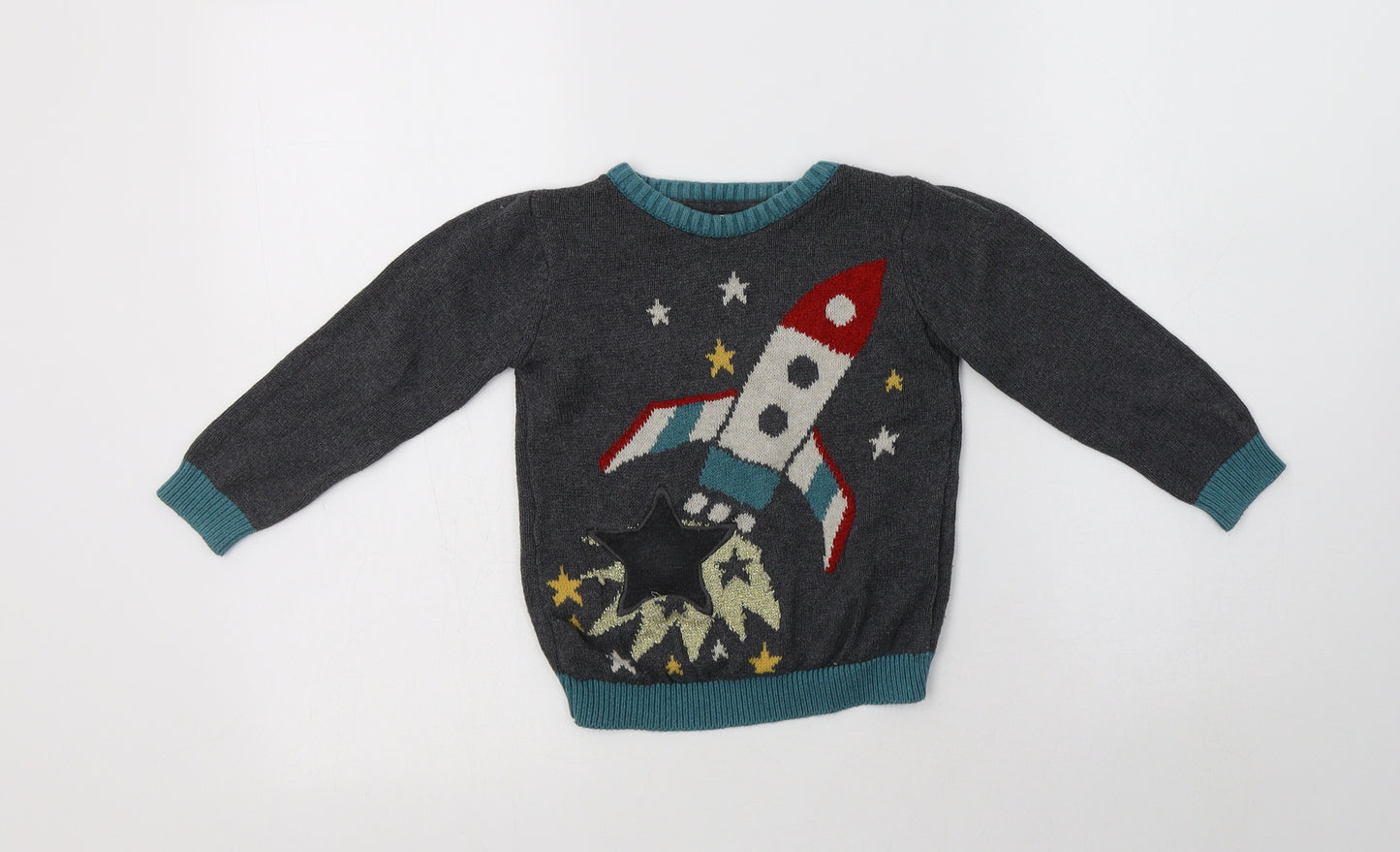 M&S Boys Grey Crew Neck  Cotton Pullover Jumper Size 2-3 Years   - Rocket