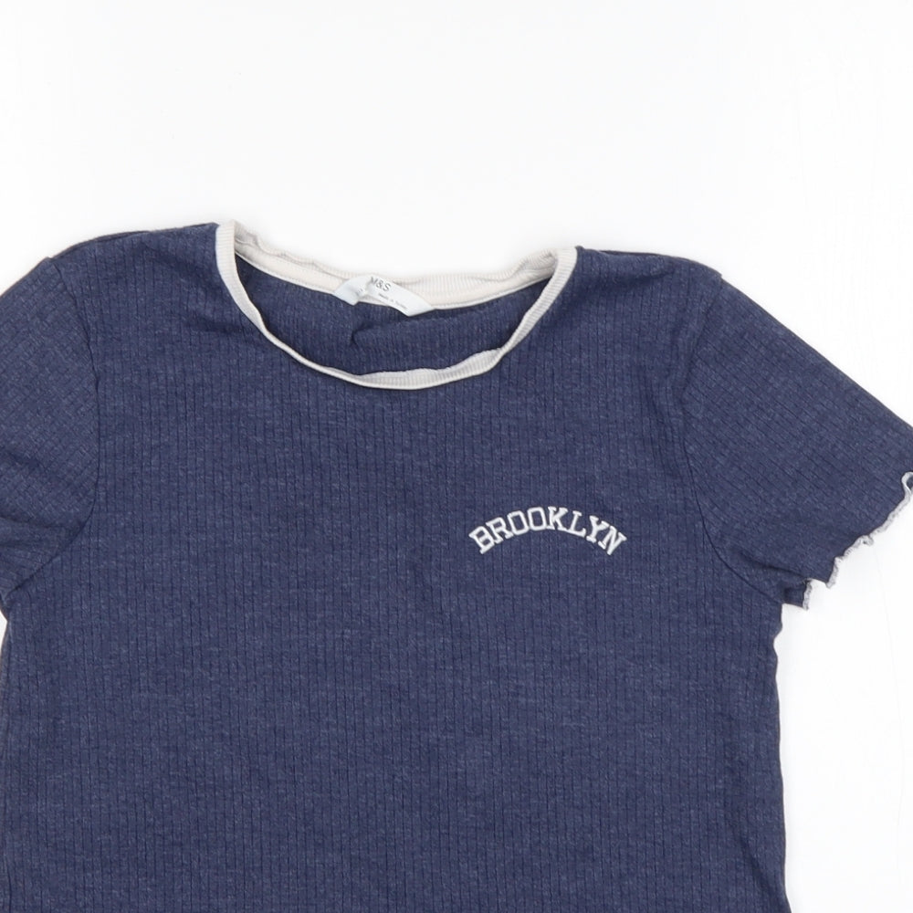 M&S Girls Blue  Polyester Basic T-Shirt Size 12-13 Years Round Neck
